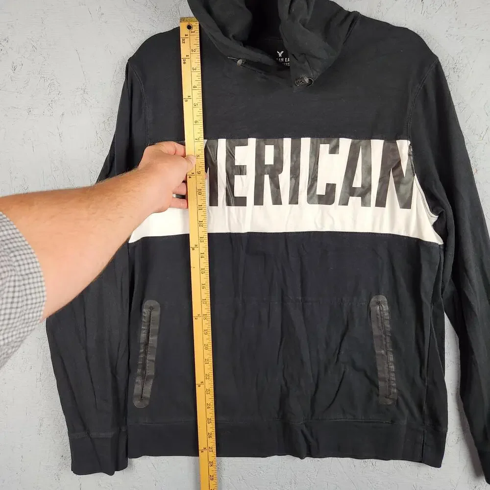 American Eagle Hoodie Mens Medium Black Active Flex Lightweight Sweatshirt Logo